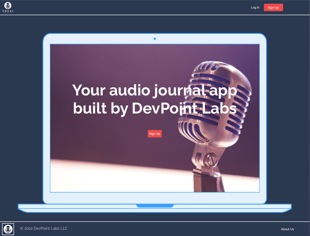 Screenshot of landing page of Vocal journal app